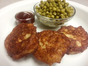 Salmon Patties, with the requisite peas, and ketchup.