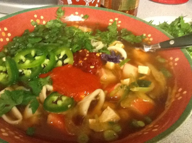 With shrimp, crab, calamari and tofu